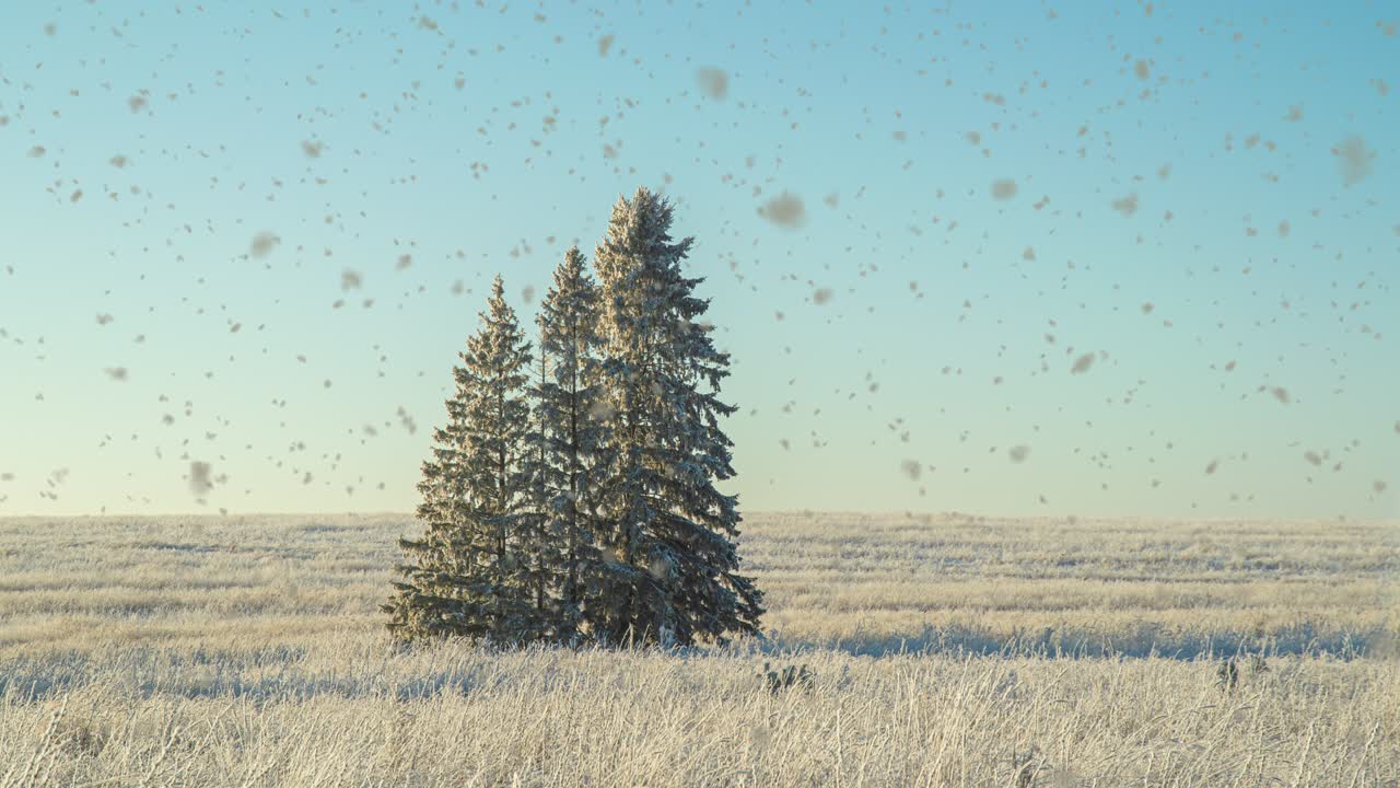 Winter landscape in a field with three snow-covered fir trees, beautiful snowfall, sunny weather. Cinemagraf , video loop