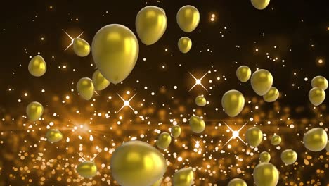 Yellow-sparkles-and-glowing-spots-moving-against-balloons-floating-in-background-