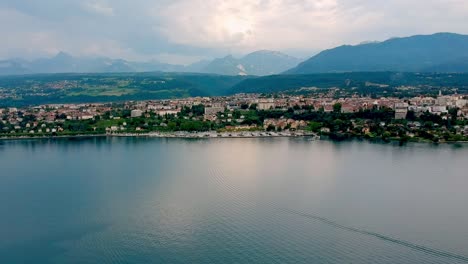 aerial views of the village of thonon, surrounded by the léman lake in france