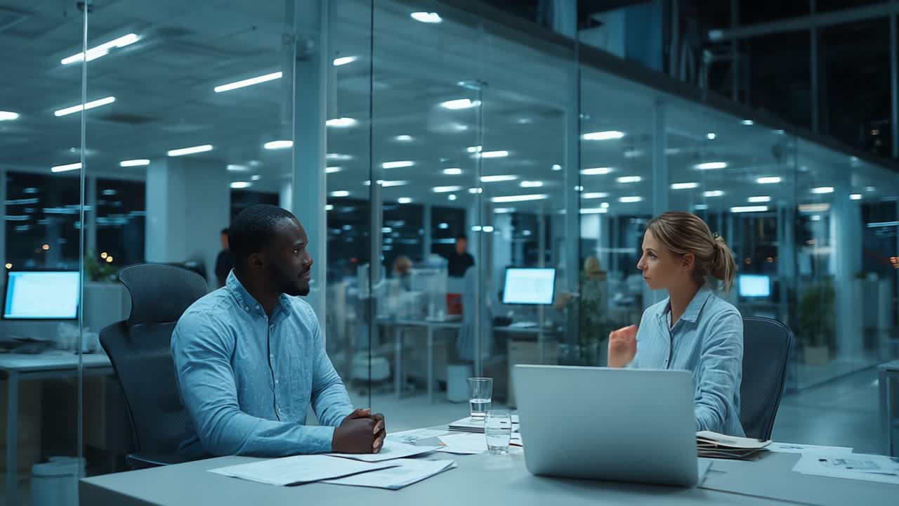 Business Discussion in Modern Office Space: Engaging Conversation Between Two Professionals at a Late-Night Meeting Featuring Laptop and Documents