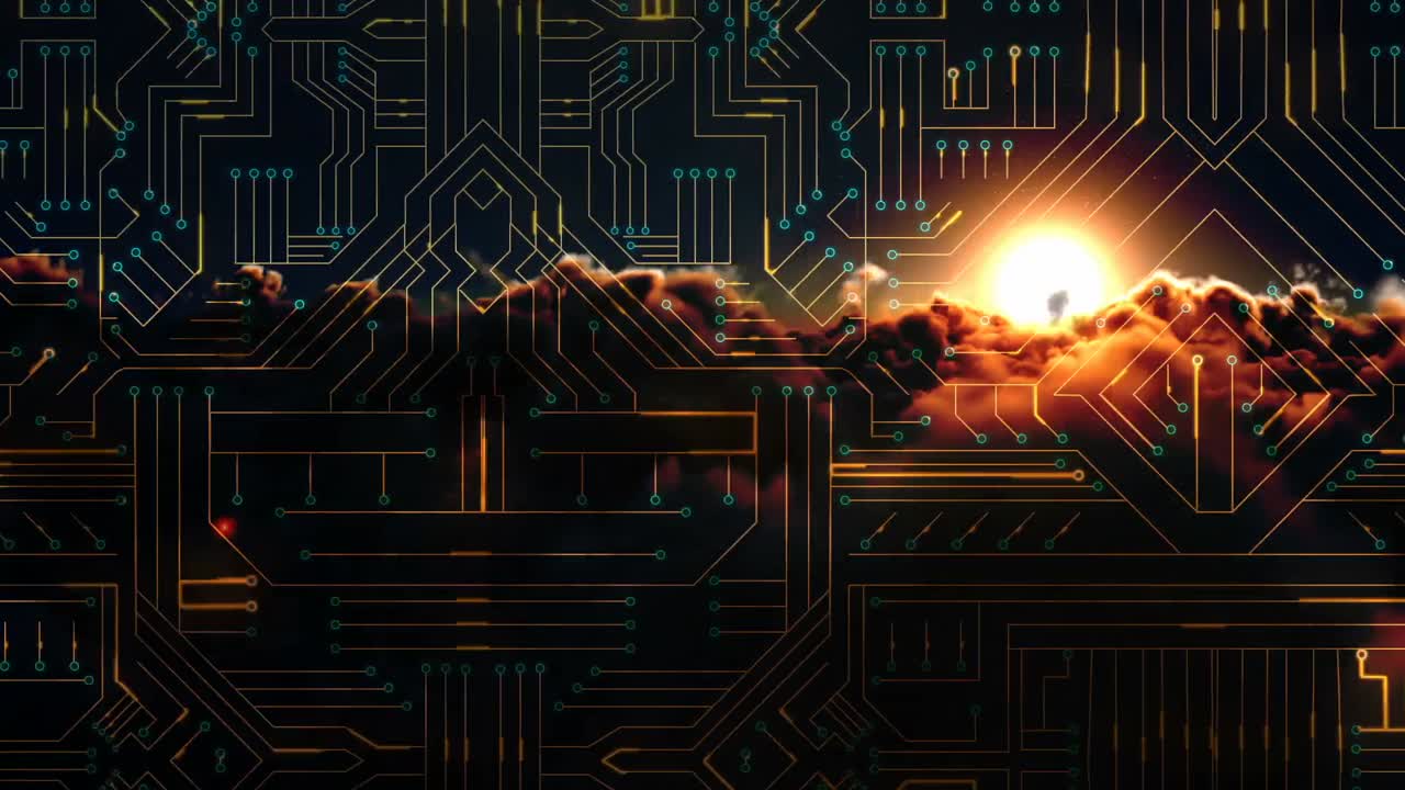 회로판과 일몰의 디지털로 생성된 비디오