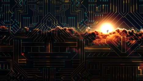 Digitally generated video of circuit board and sunset