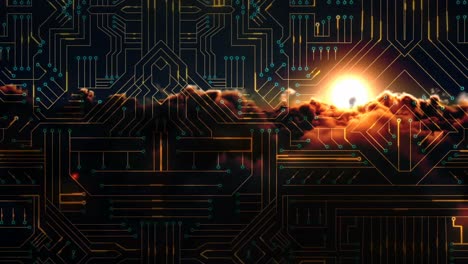 digitally generated video of circuit board and sunset