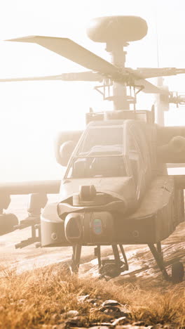 military helicopter in desert fog