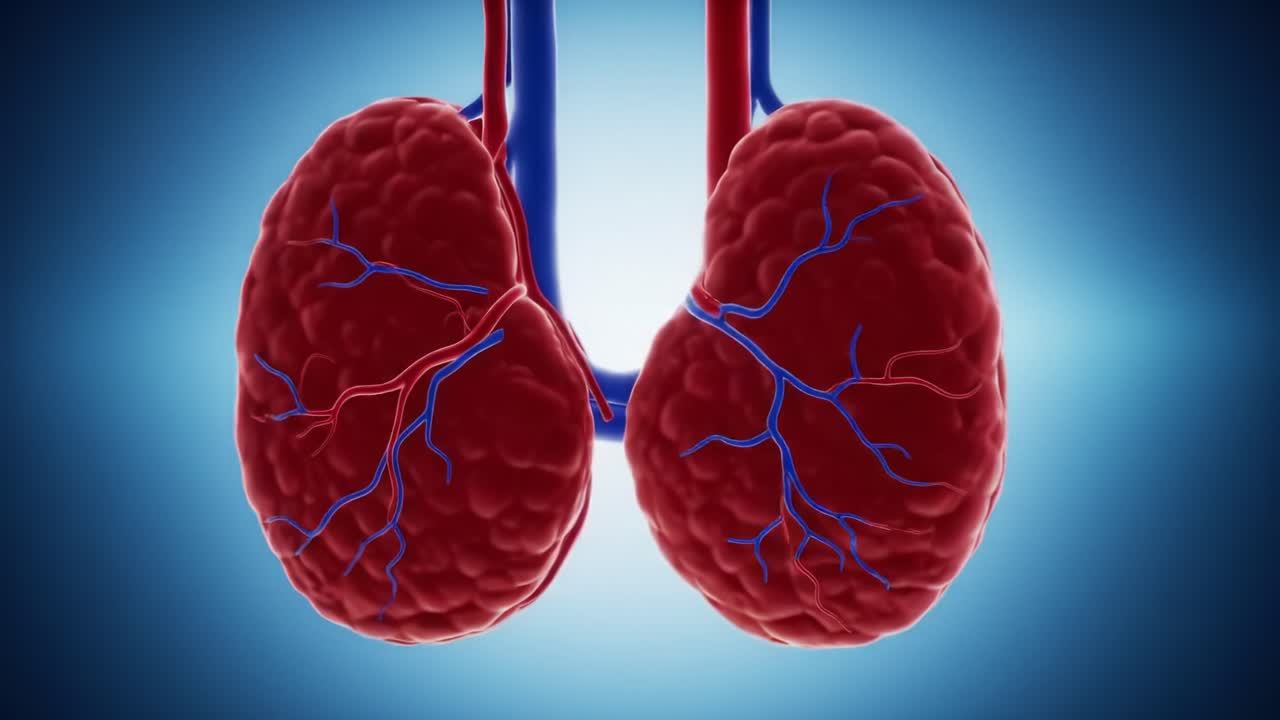 Detailed Visualization of Human Lungs Showcasing Intricate Vascular Structures in a Vibrant Blue and Red Color Palette, Emphasizing Respiratory Anatomy and Function