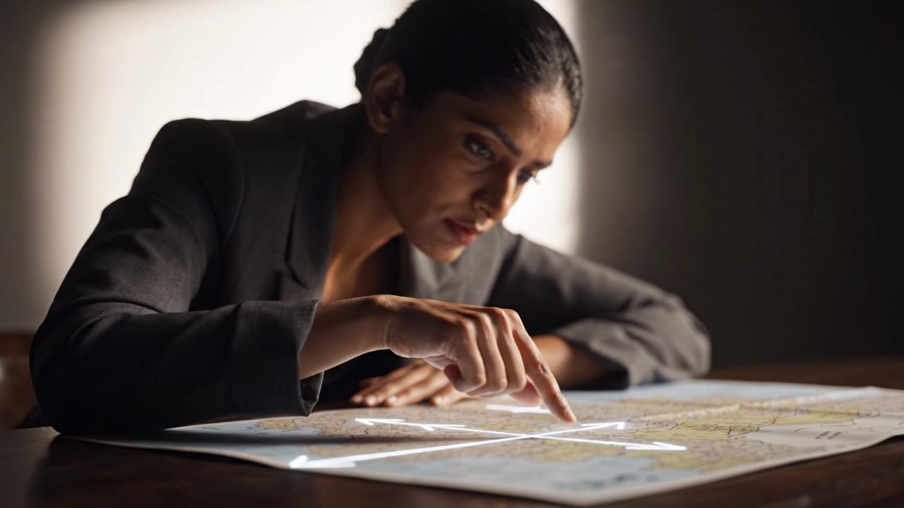 Exploração Focada: Uma Mulher Analisa um Mapa Sob Luz Suave, Representando Estratégia e Descoberta em uma Cena Instigante.