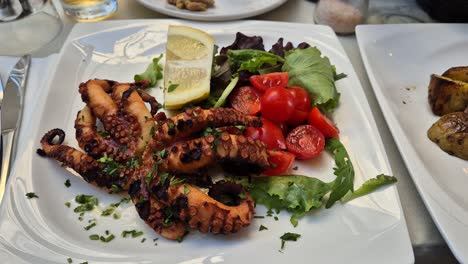 grilled octopus on a white plate with green salad, tomatoes, and lemon