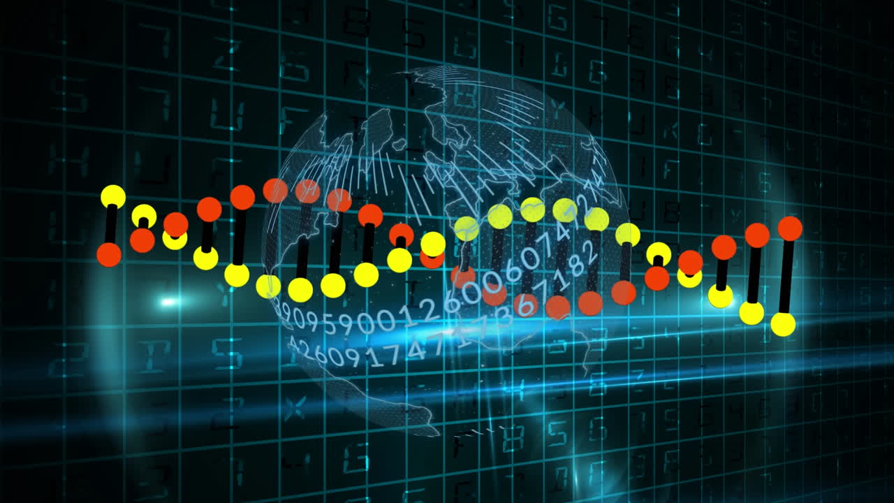 animación del globo con números y cadena de adn y red de conexiones
