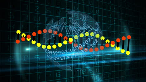 Animation of globe with numbers and dna strand and network of connections