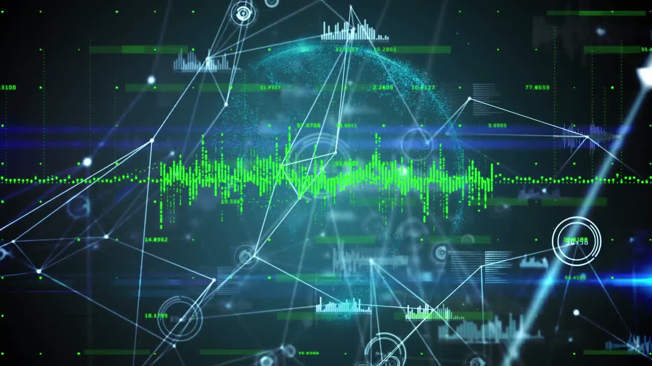 Digital composite video of green graph forming with a web of connections against blue globe spinning