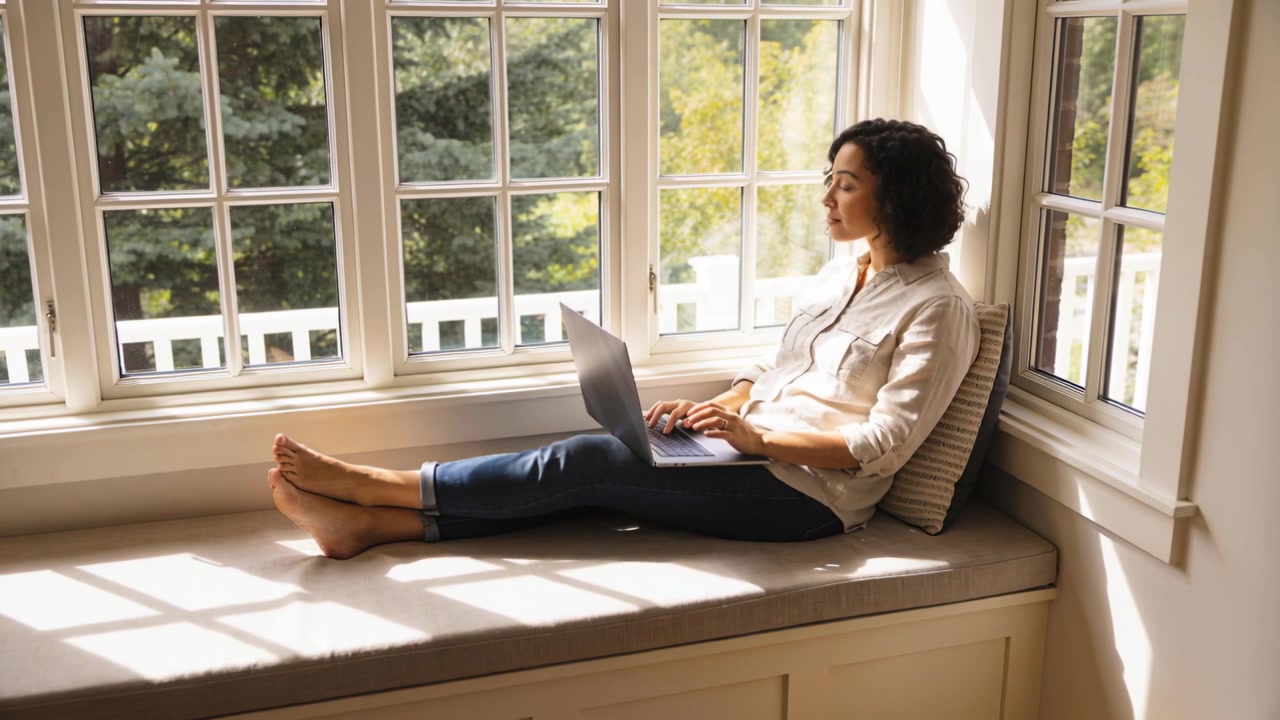 Donna che digita su una panca alla finestra, con lo sguardo attratto dalla luce del sole, che si ferma e riprende il lavoro al laptop. Spazio per il testo.