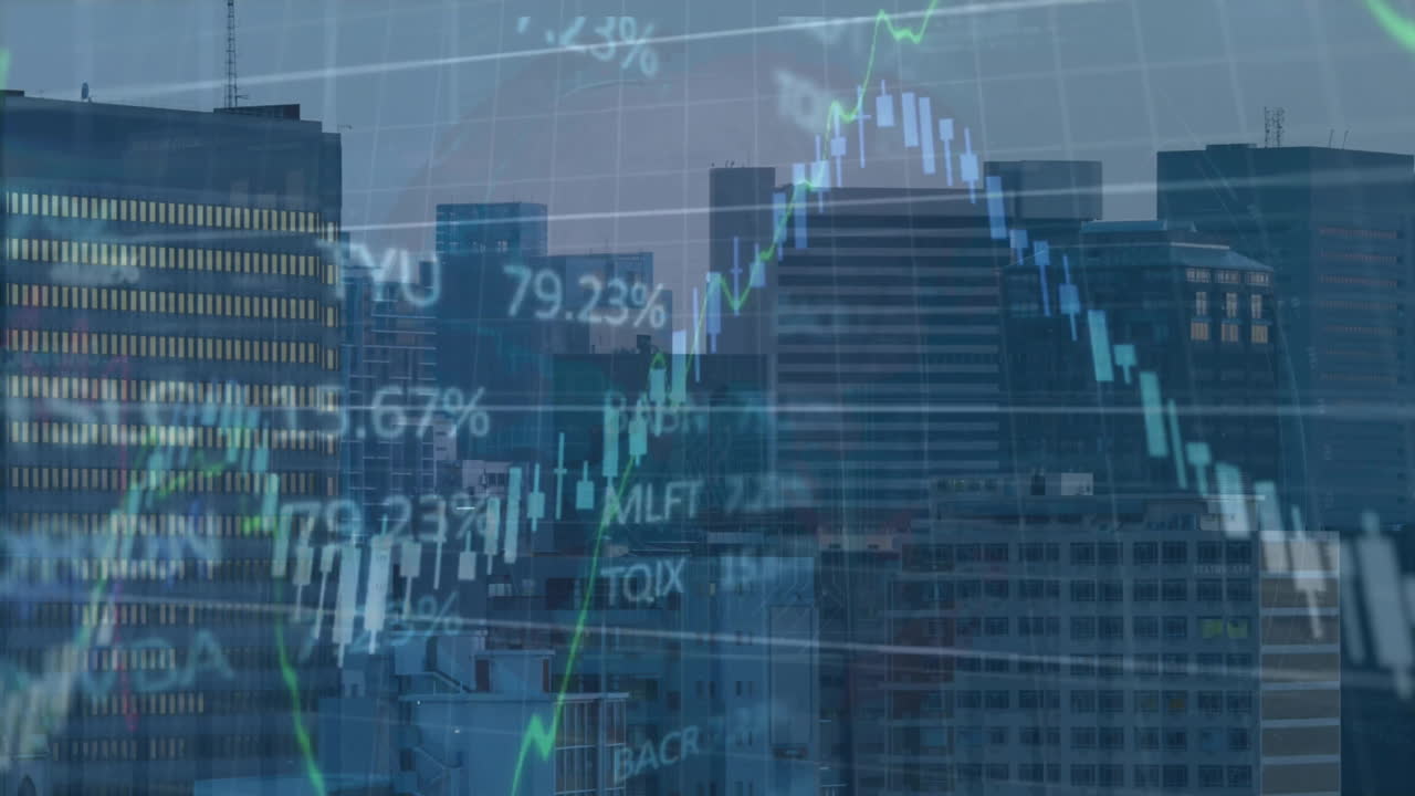 animación del mercado de valores y diagramas sobre el paisaje urbano nocturno