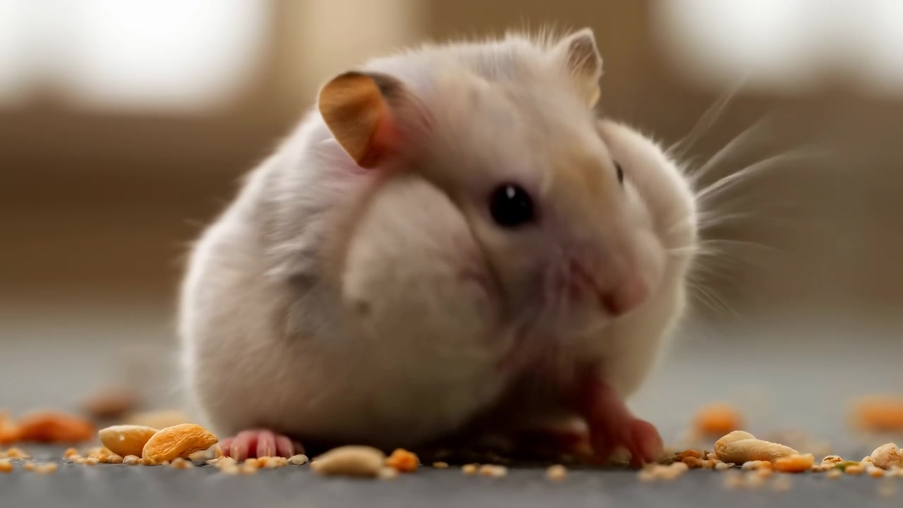 Primo piano di criceto beige che sgranocchia semi misti, con pelo morbido e baffi che fremono, piccole zampe che stringono bocconcini, atmosfera calda.