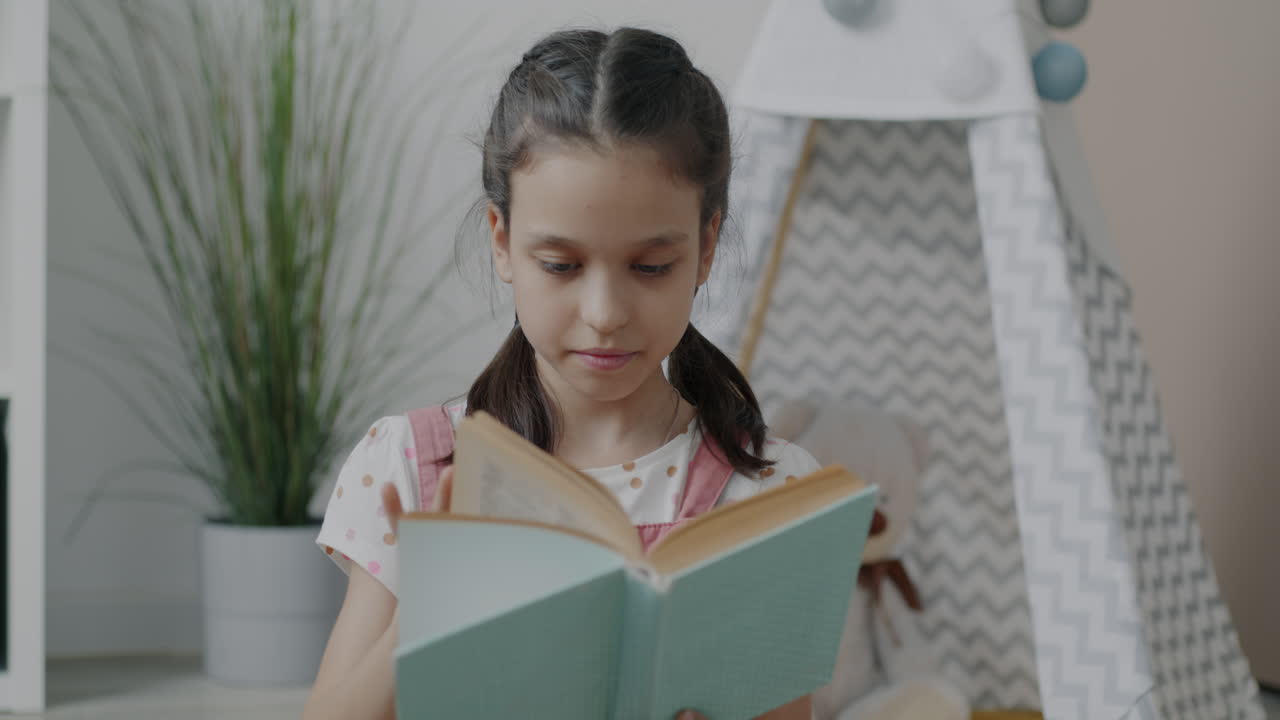 Girl Reading a Book in a Cozy Playroom
