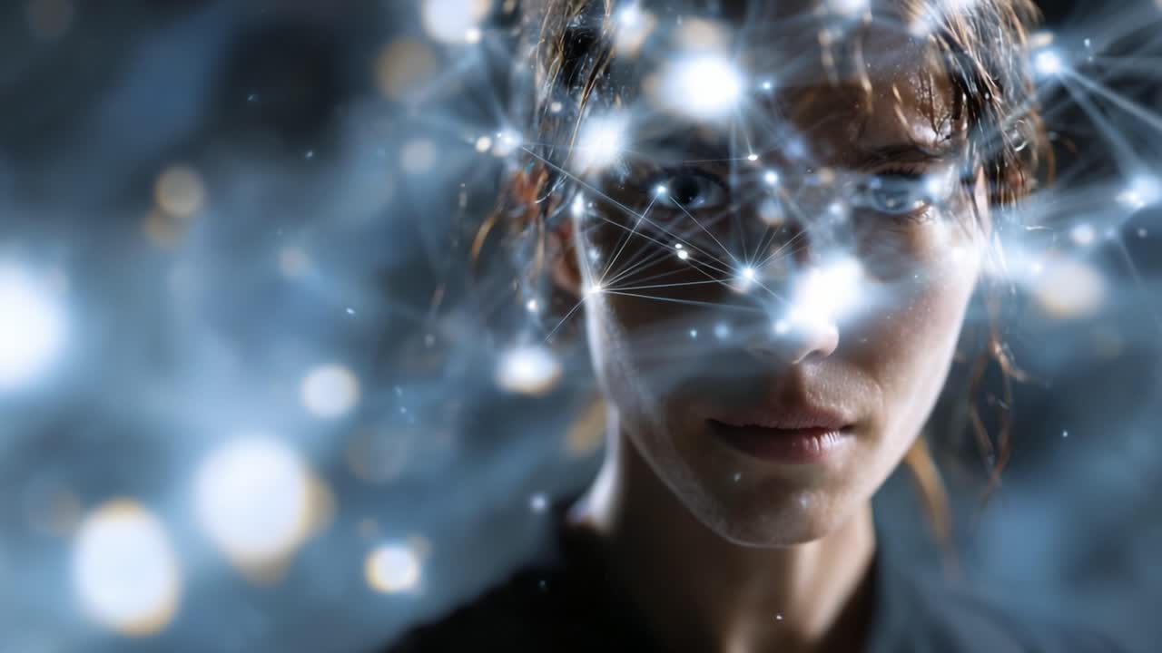 A woman's expression amidst a sea of neural connections, representing the intersection of human emotion and technology in a visually captivating manner