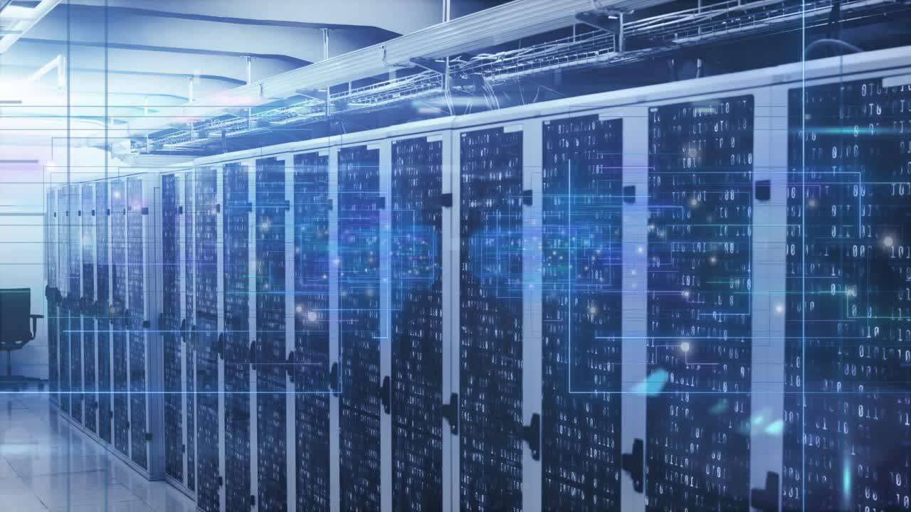 Animation of data processing and mathematical equations against computer server room