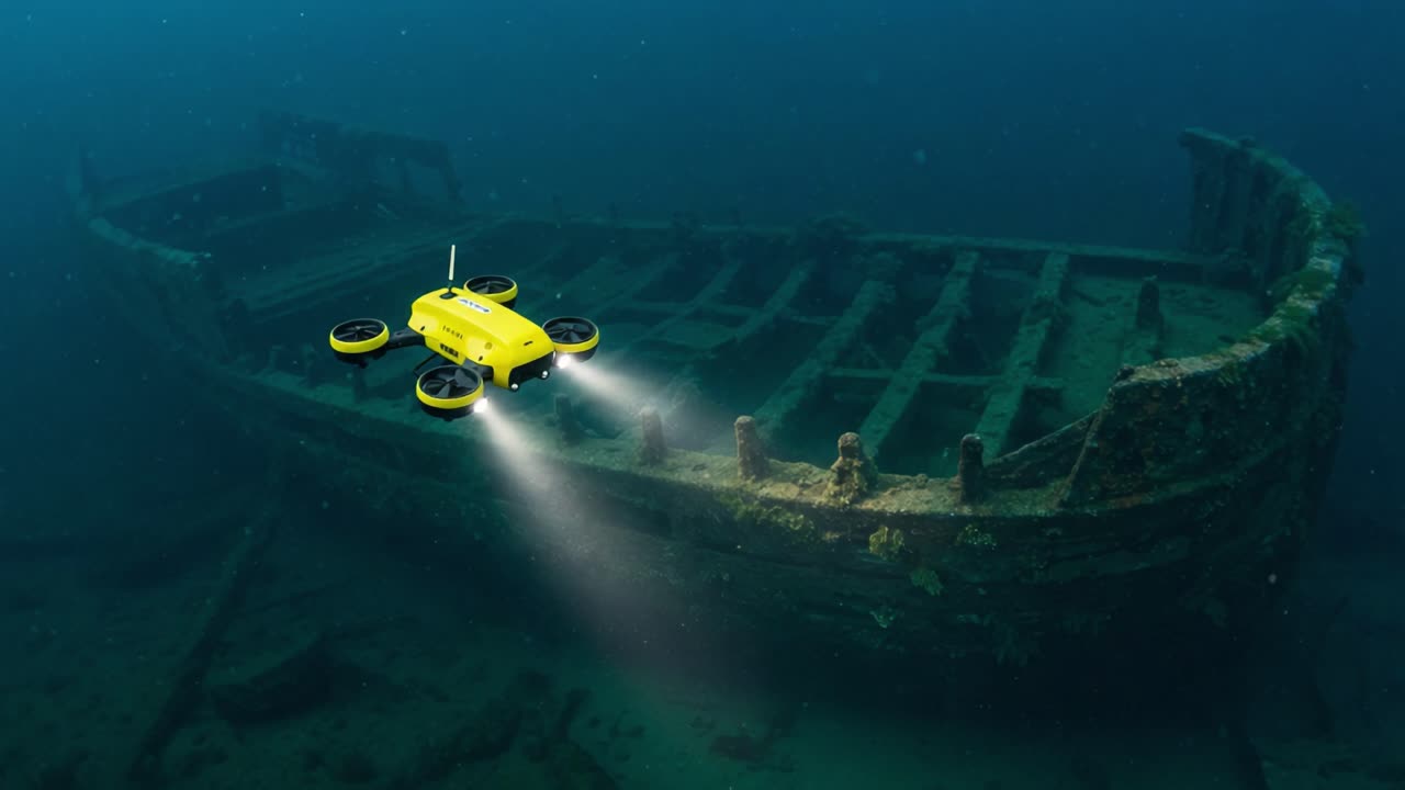 Exploring the Depths: A Bright Yellow Underwater Drone Investigates a Mysterious Shipwreck in the Dark Ocean Waters
