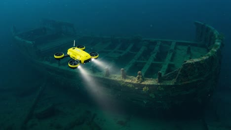 exploring the depths: a bright yellow underwater drone investigates a mysterious shipwreck in the dark ocean waters