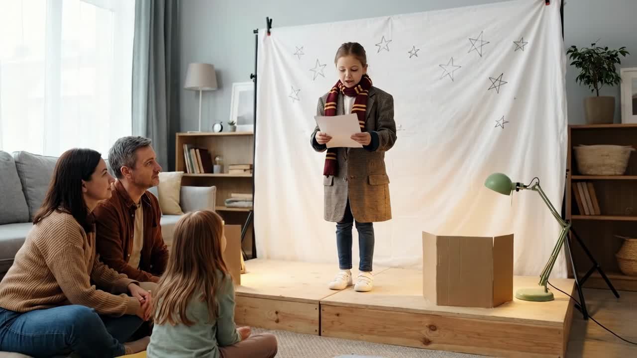Ung pige optræder for sin familie derhjemme