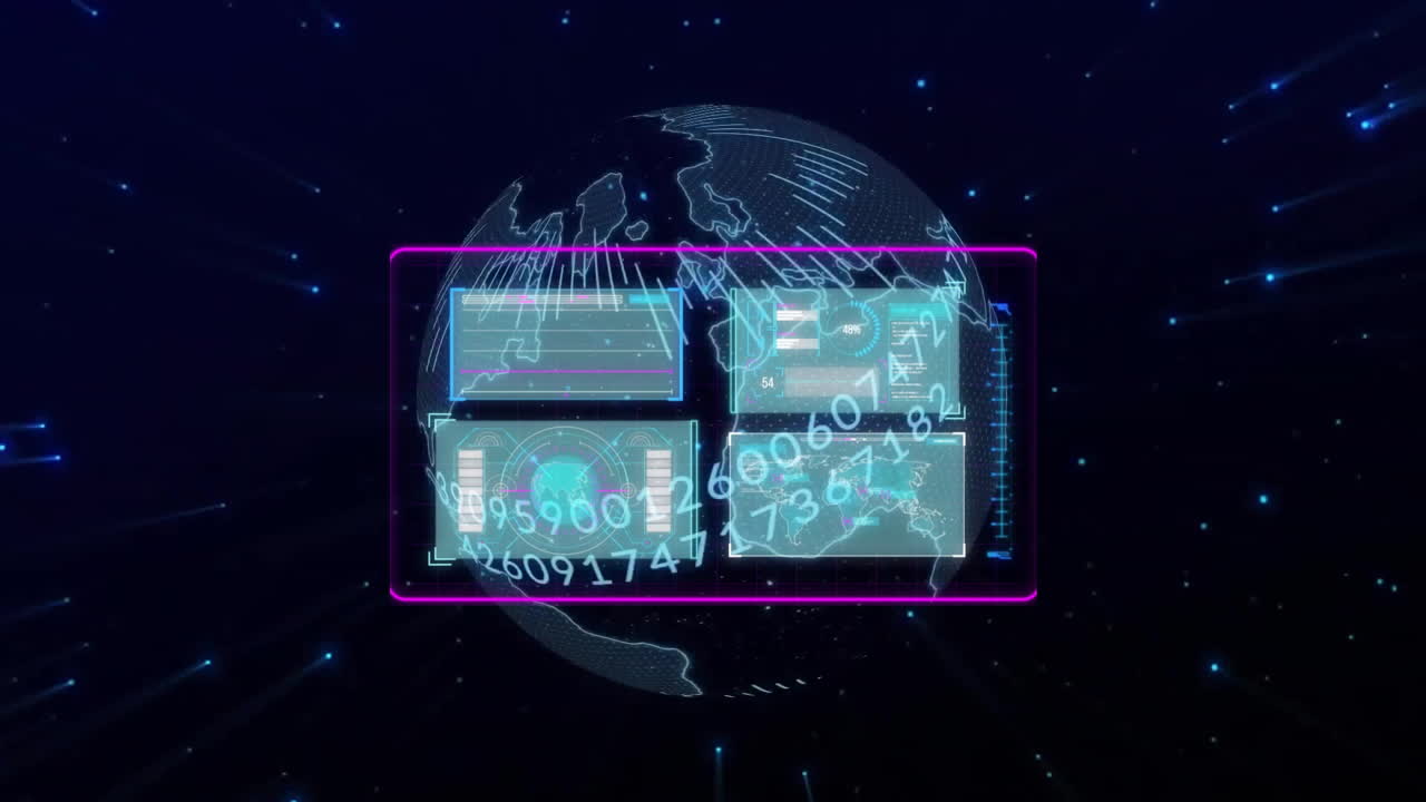 Animation of binary coding and data processing over globe
