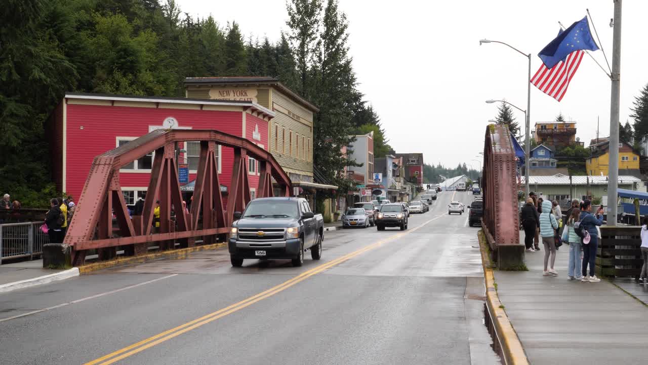 Traffic over the Ketchikan Creek Bridge, Alaska.