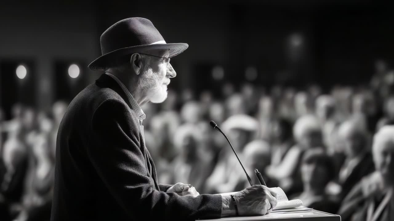 A Wise Elder Delivers a Captivating Speech to an Engaged Audience, Inspiring Reflection and Discussion Amidst a Varied Gathering of Individuals Eager to Learn and Connect