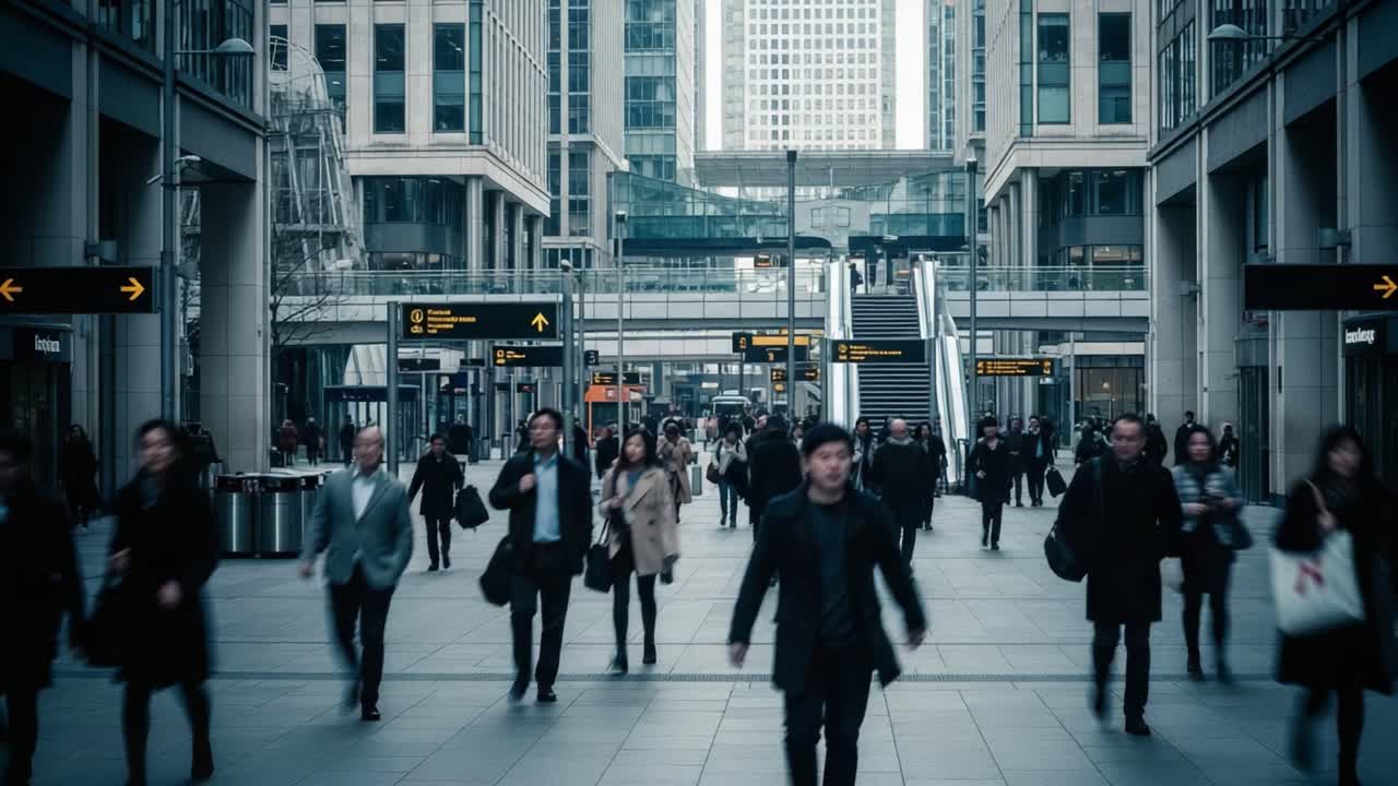 People walking through a busy modern urban square with blurred motion