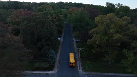 school bus driving through wooded area during autumn morning