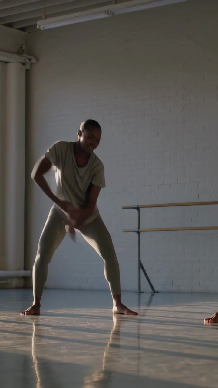 Video verticale: Ballerina principale che si esercita in studio con la sbarra, top e leggings, rispondendo a un segnale musicale