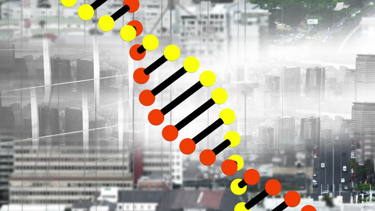 도시 풍경 위의 dna 가닥의 애니메이션