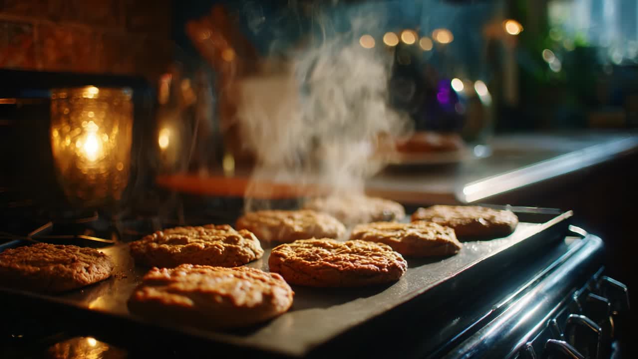 Deliciously Baked Cookies on a Black Griddle Surrounded by Cozy Warmth and Soft Lighting, Evoking a Sense of Home and Comfort, Perfect for Any Sweet Tooth's Delight and Evening Indulgence