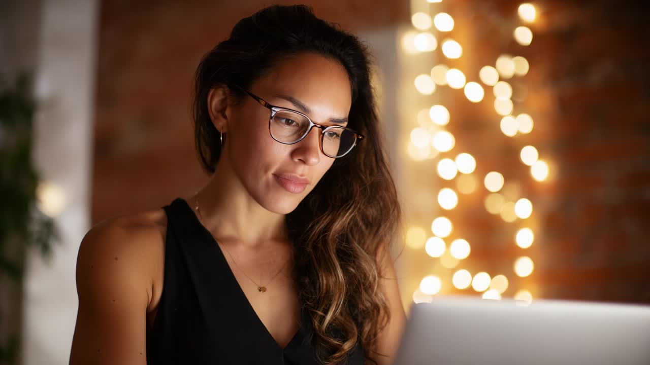 A focused young woman with long brown hair, wearing glasses, engages with her laptop in a cozy indoor environment illuminated by soft, glowing lights in the background, highlighting her concentration and determination