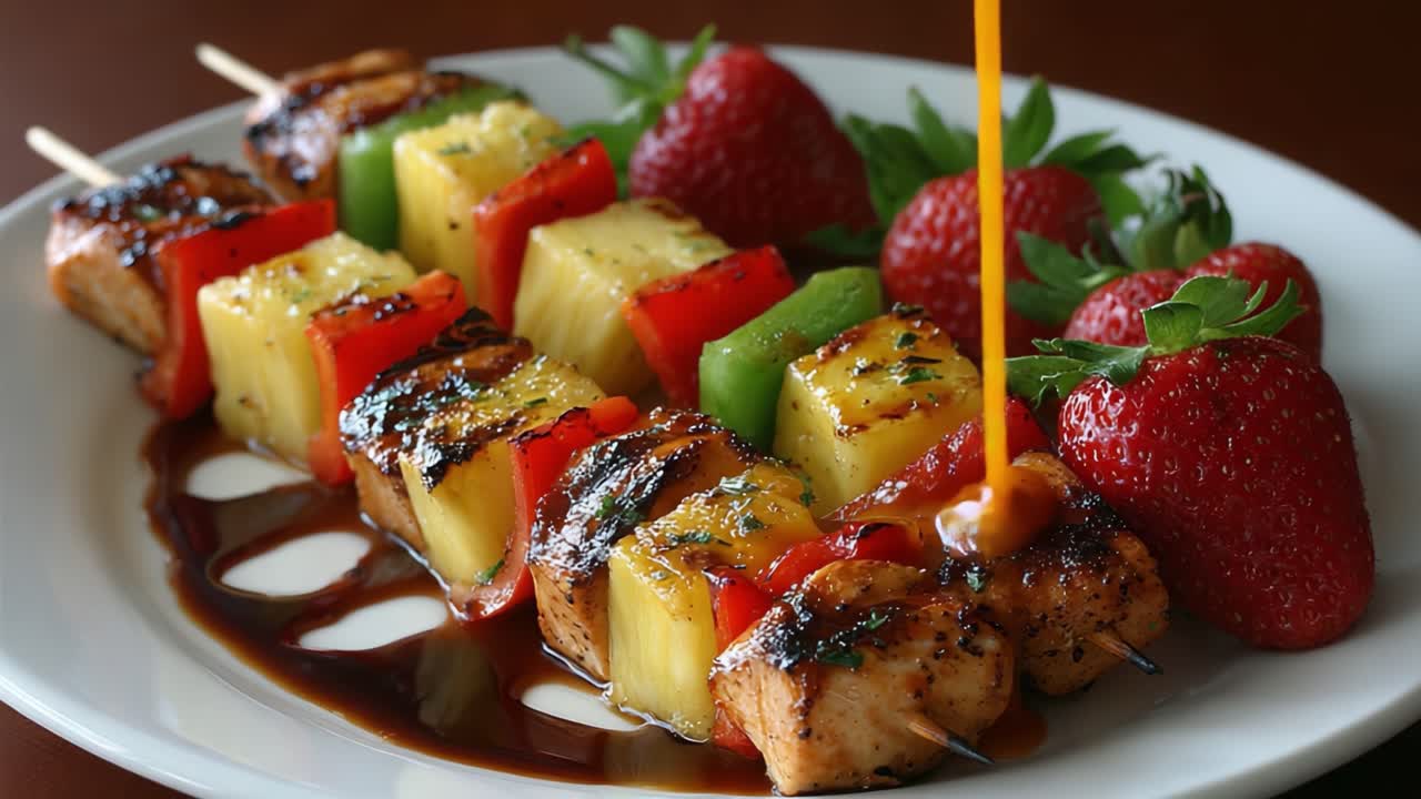 Deliziosi spiedini di pollo grigliati con peperoni colorati e ananas, guarniti con fragole fresche per un appetitoso piatto estivo.