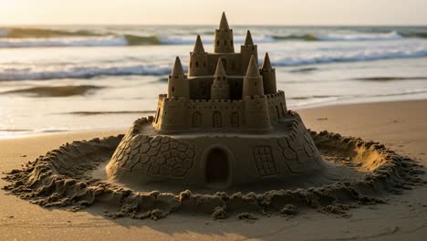 a magnificent sandcastle with towering spires structurally crafted on a seashore, glimmering under the soft sunset light, embodying beachside creativity and imagination