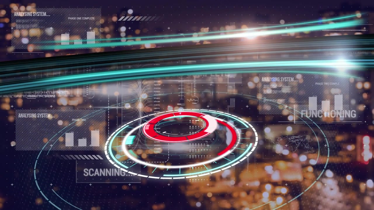 Animation of scope scanning and data processing over cityscape