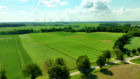 Expansive-green-fields-with-a-road-lined-with-trees-and-wind-turbines-on-the-horizon-and-white-Van-road-near-trees