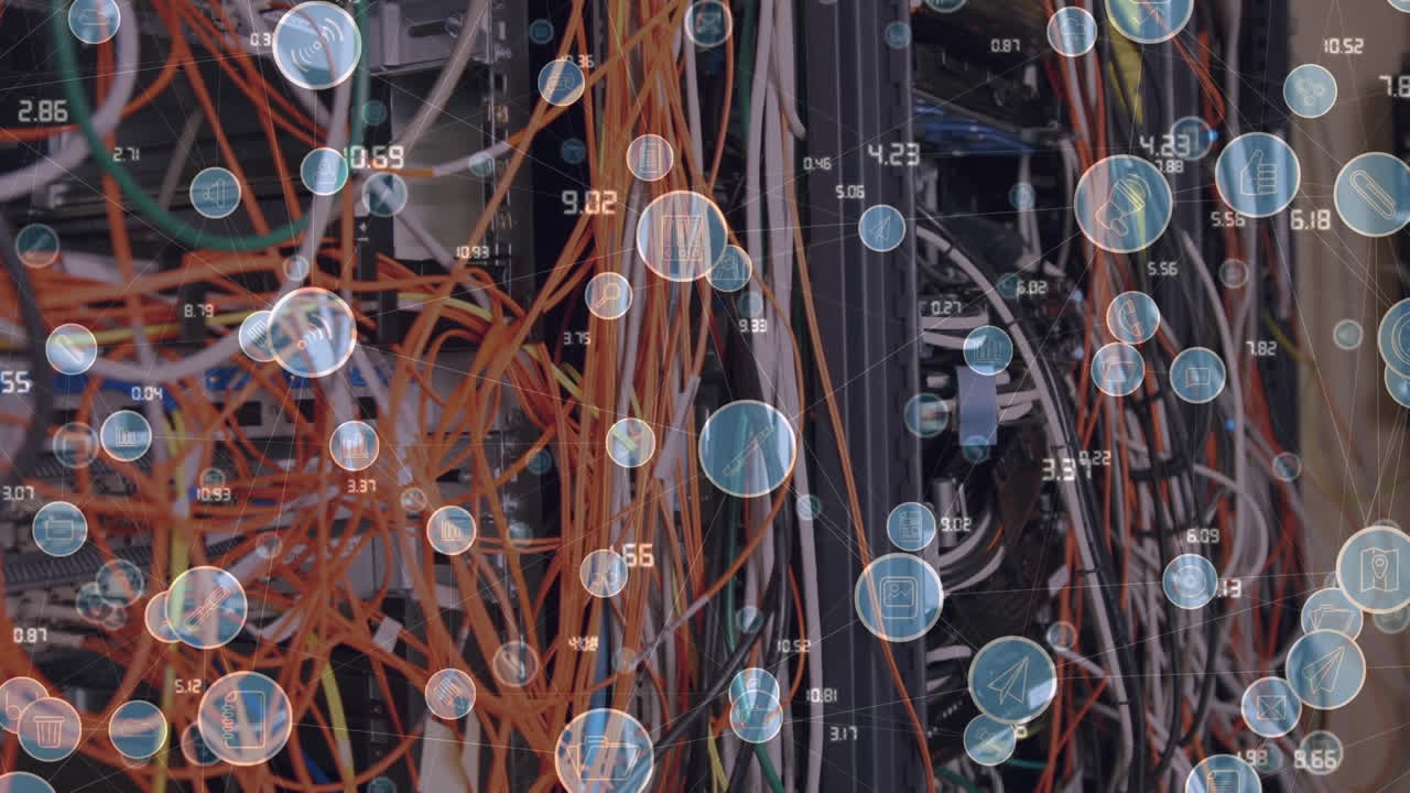 Animation of digital icons and numbers changing over cables in computer servers in background
