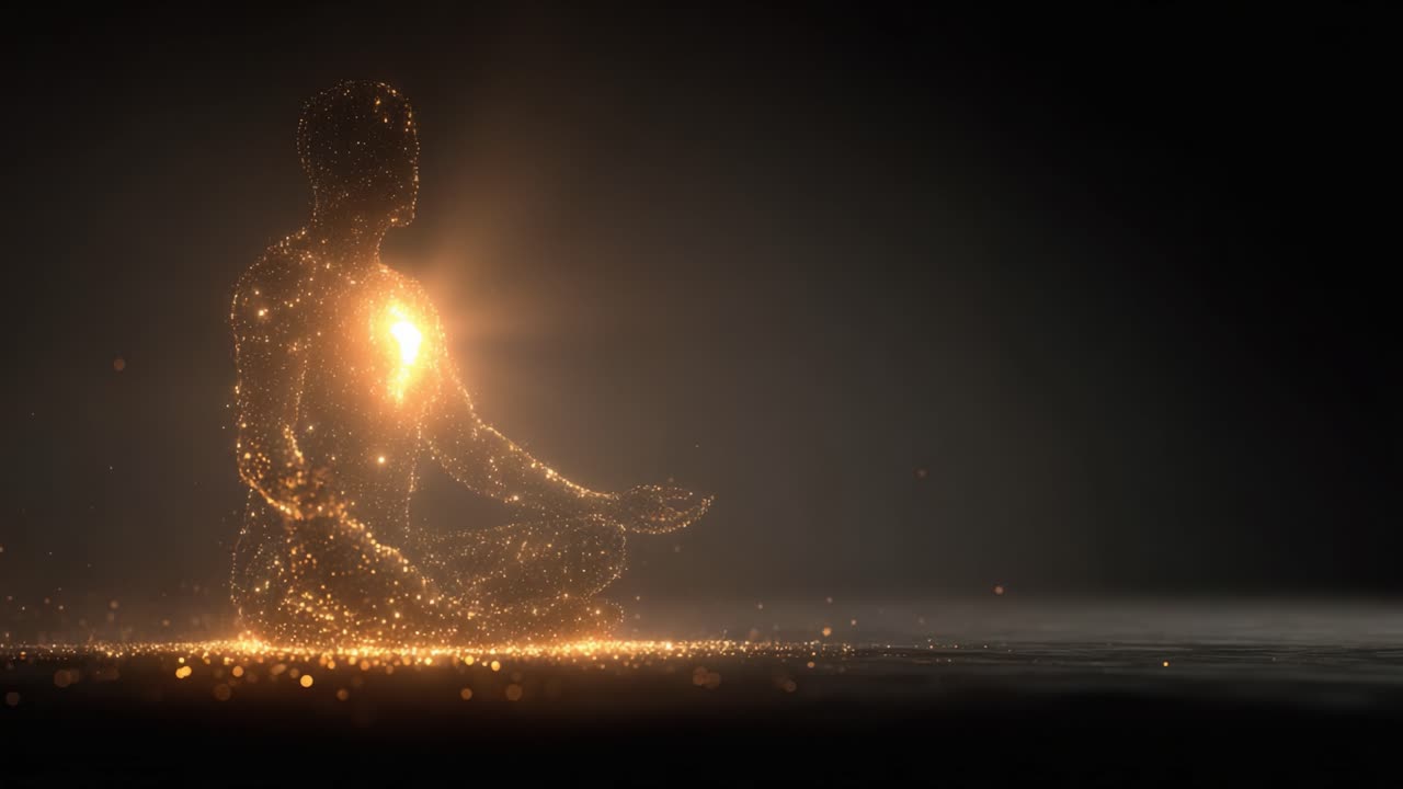 Une silhouette scintillante en méditation : Représentation artistique de la paix intérieure et d'une lueur spirituelle dans une atmosphère mystique avec une lumière radiante et des particules d'énergie.