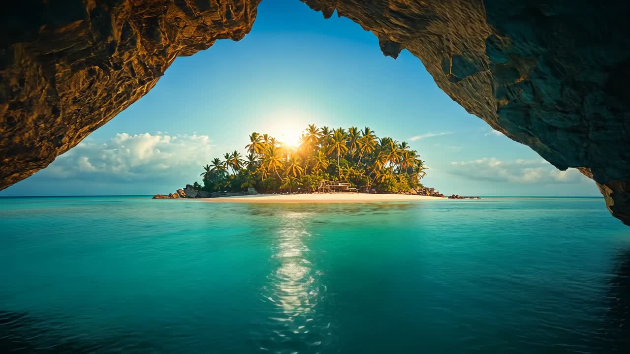 Pulling camera outward from cave to capture sunrise, revealing sunlit tropical island with palms