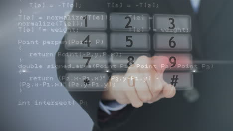 animación de una mujer de negocios caucásica tocando una pantalla interactiva con procesamiento de datos y dígitos
