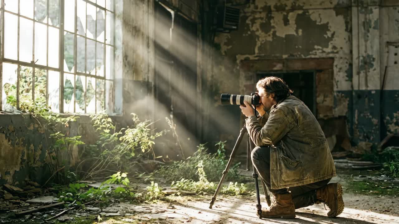 Photographer Taking Pictures with Telephoto Lens in Abandoned Building
