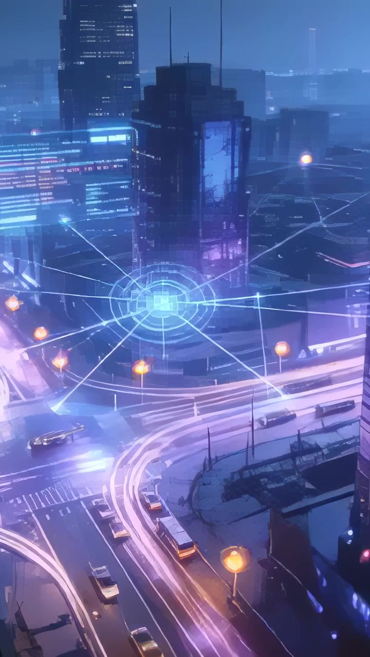 Video verticale: Un nodo di rete centrale pulsante invia linee olografiche su un incrocio cittadino, guidando il traffico.
