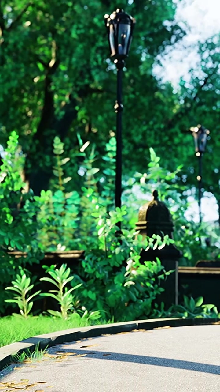 Escena de parque con un sendero y farolas, rodeado de plantas verdes y árboles.