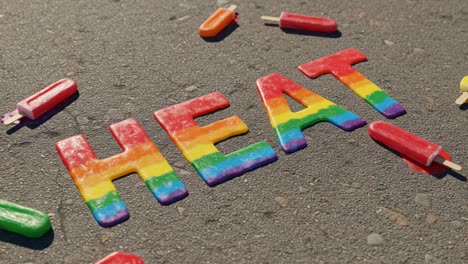 a vibrant display of colorful ice pops and rainbow letters spelling 'heat' awaits summer fun on a sunny day of outdoor relaxation and celebration