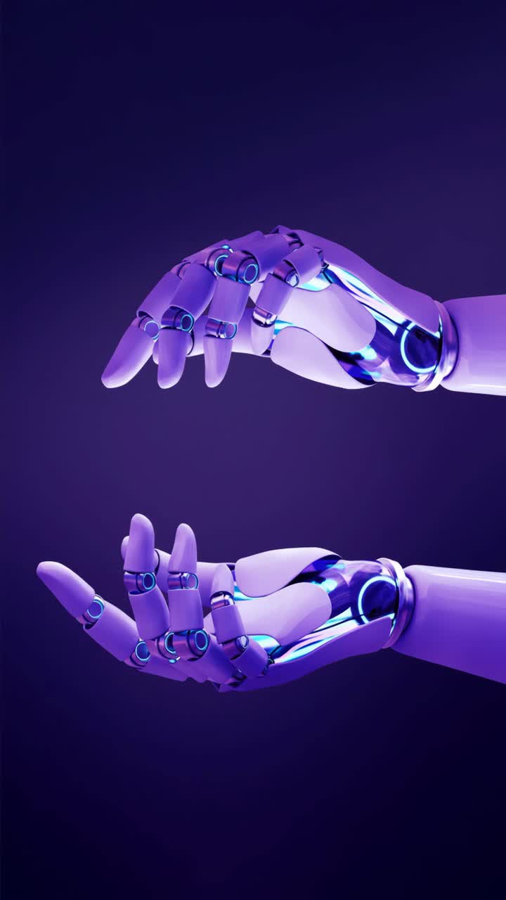 Futuristic robotic hands in a purple hue, reaching towards each other