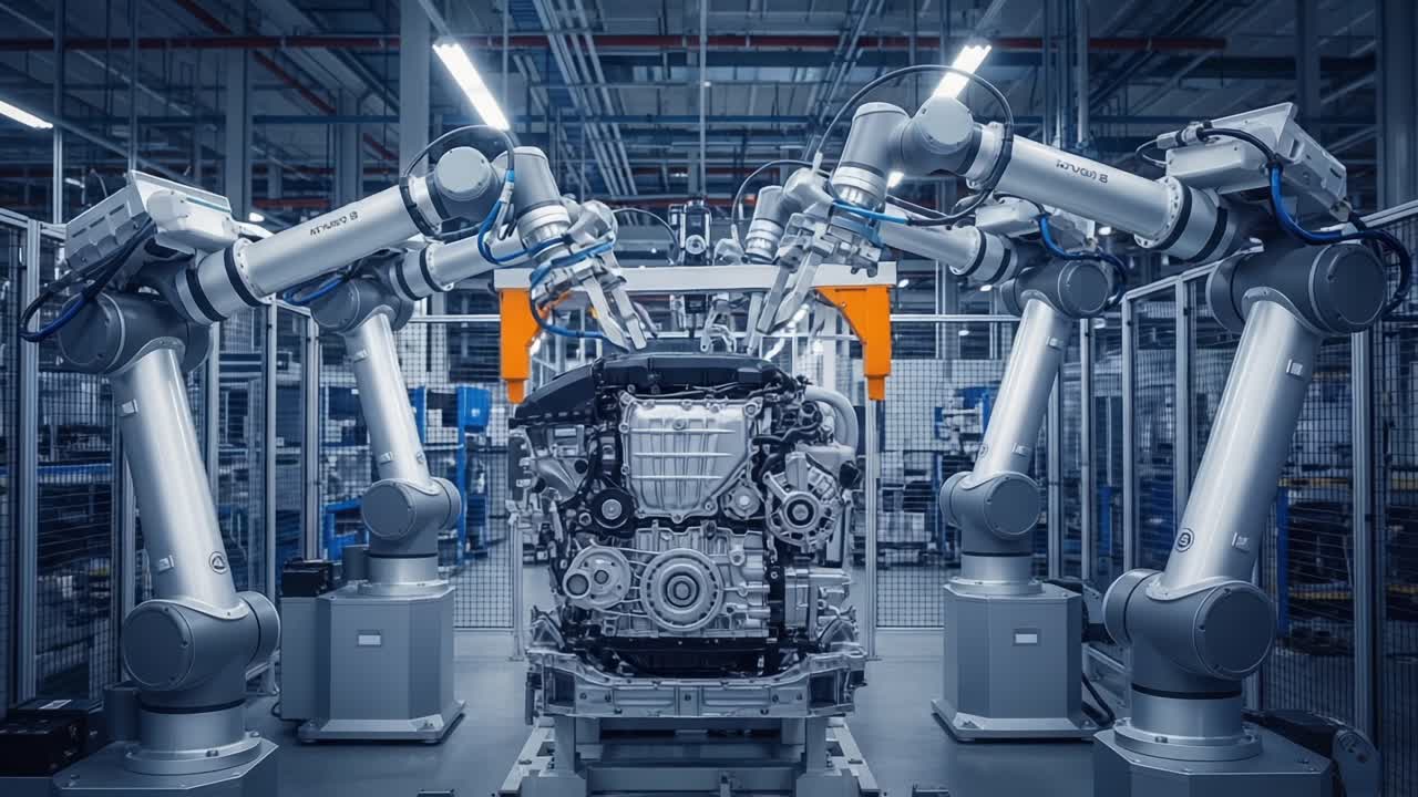 Automated Robotics in Action: Advanced Manufacturing Systems Showcasing Robotic Arms Collaborating on Engine Assembly Line