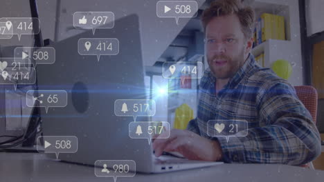 content creator typing on laptop while social media marketing icons floating around workspace