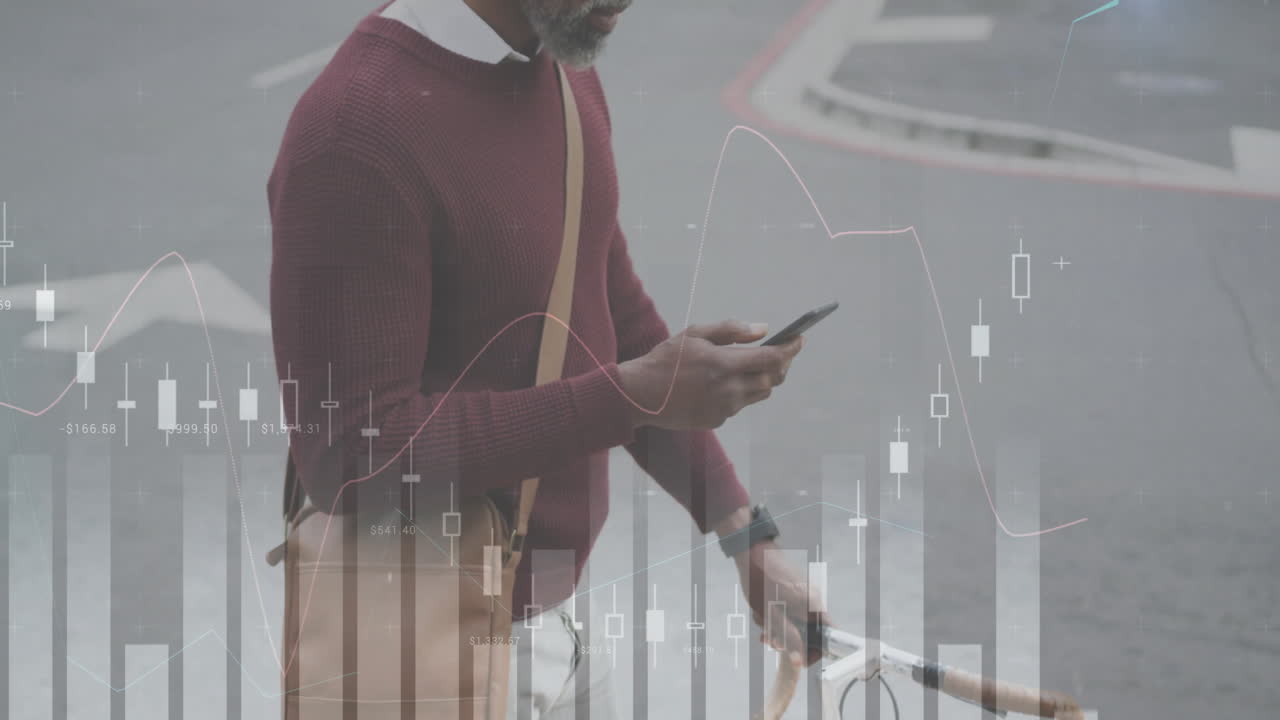 animación de diagramas sobre hombre afroamericano usando teléfono inteligente en la ciudad