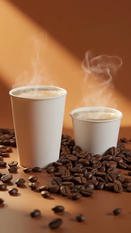 steaming coffee cups with coffee beans