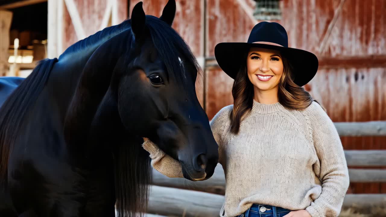 mujer y caballo en una granja